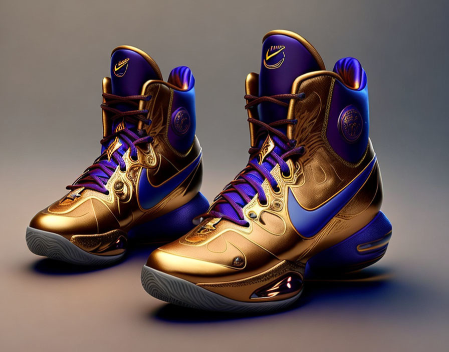 Metallic Gold & Purple Nike Basketball Shoes with Intricate Design & Swoosh Logo