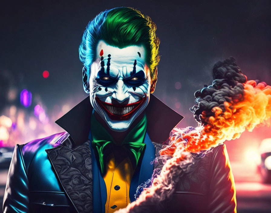 Sinister Joker with green vest in fiery explosion