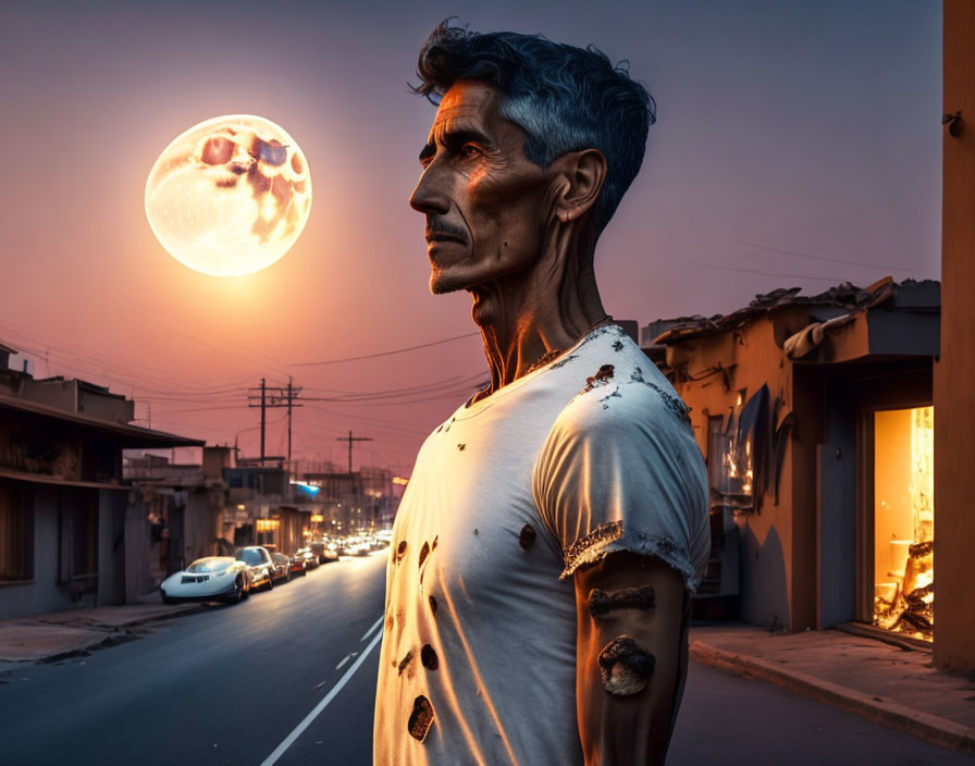 Man with marked skin gazes at large moon in dusky street