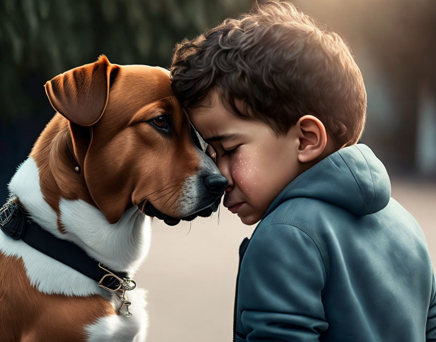 Young boy and brown-and-white dog sharing a tender moment touching foreheads.