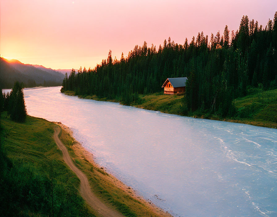 Serene river, cabin, and sunset in forest setting