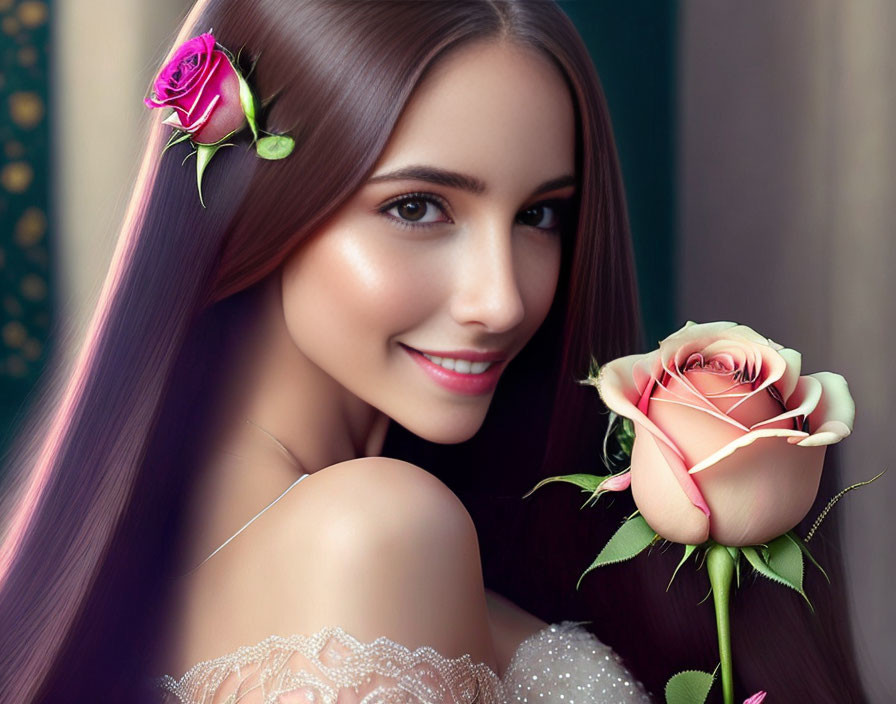 Woman with Long Hair Holding Pink Rose Smiling gently