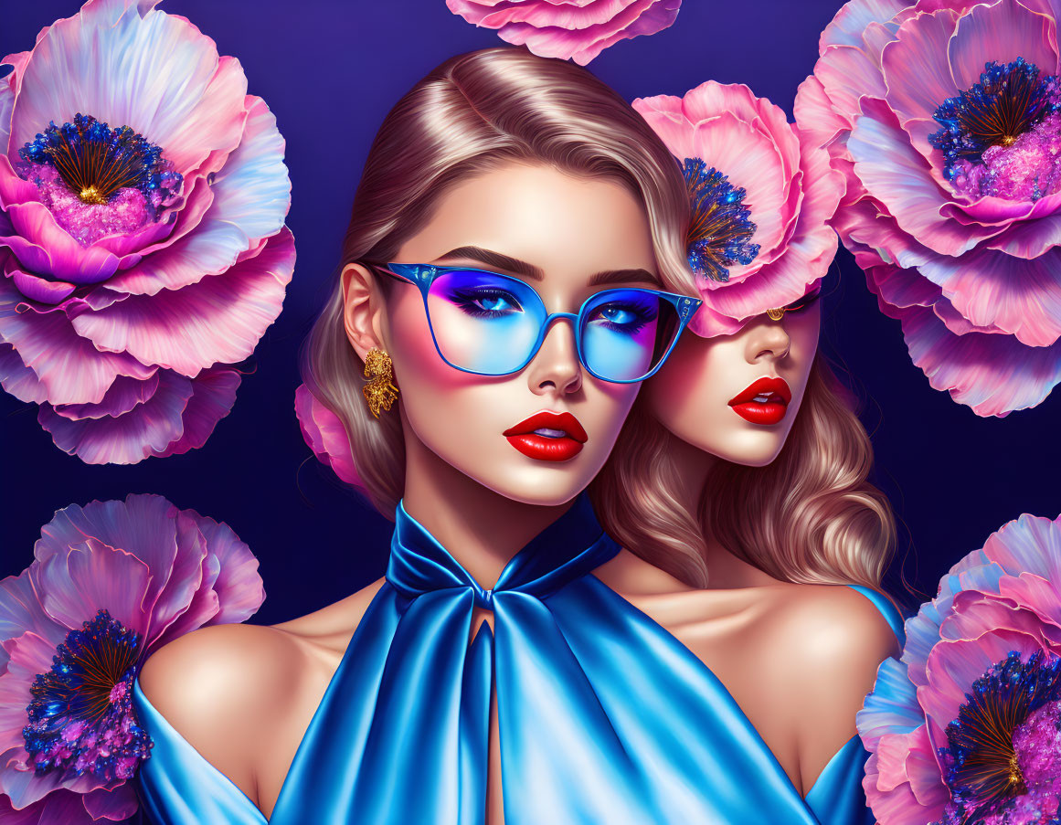 Stylish makeup women with blue glasses in vibrant floral digital art