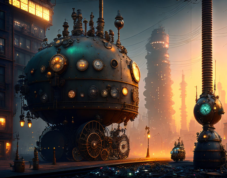 Steampunk scene with spherical riveted vehicle among ornate buildings