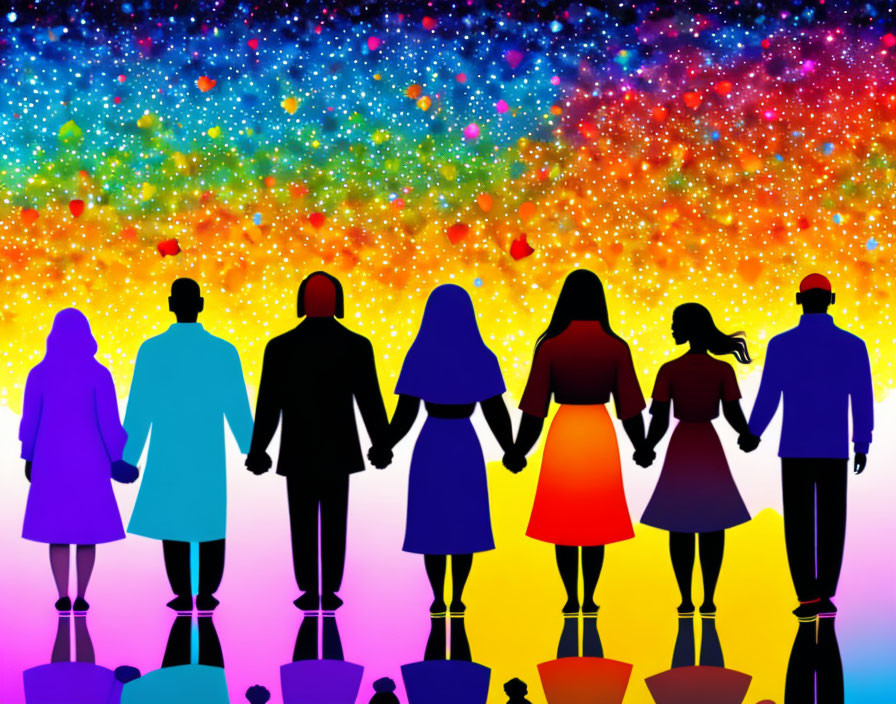 Silhouetted figures holding hands on vibrant backdrop with star-like speckles