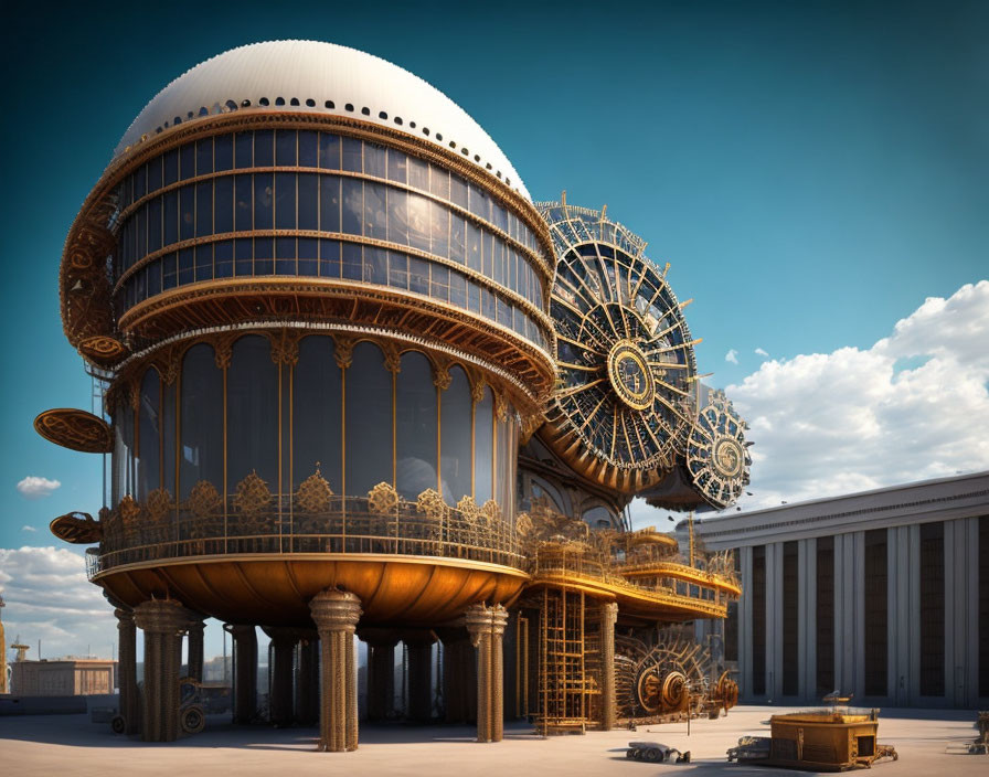 Steampunk-inspired grand building with metallic details under clear blue sky