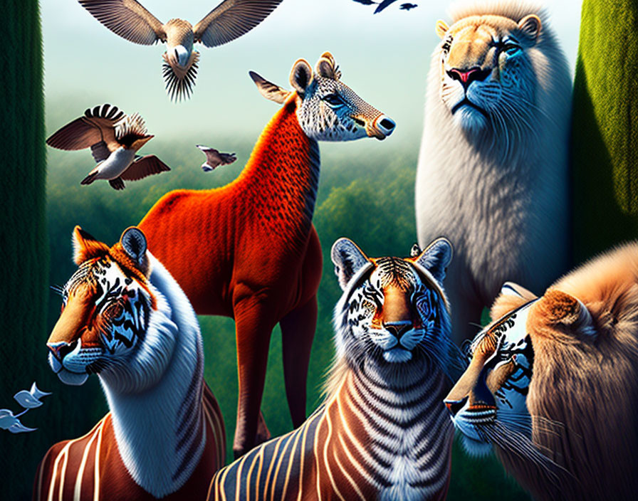 Wildlife featuring tigers, giraffe, lion in lush greenery under blue sky