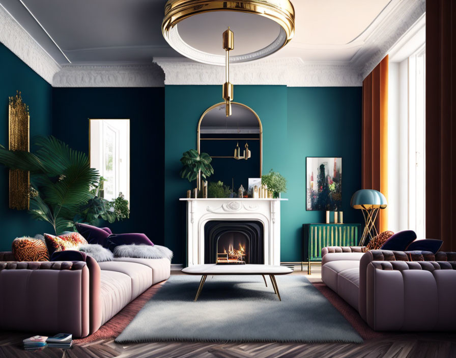 Stylish living room with white fireplace, plush sofas, gold accents, and dark teal wall.