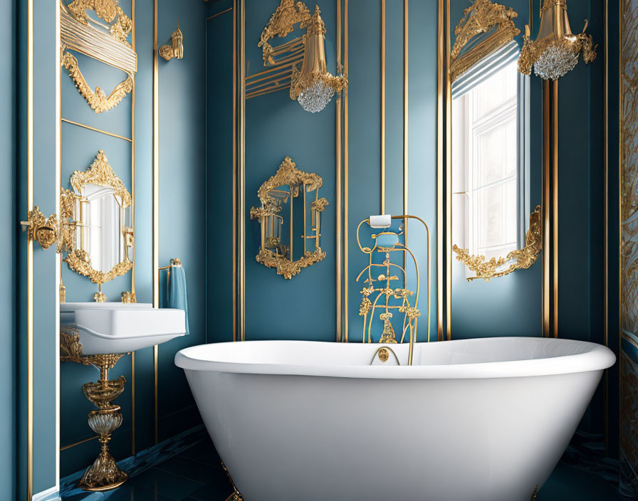 Luxurious Teal Bathroom with Gold Accents and Freestanding Bathtub