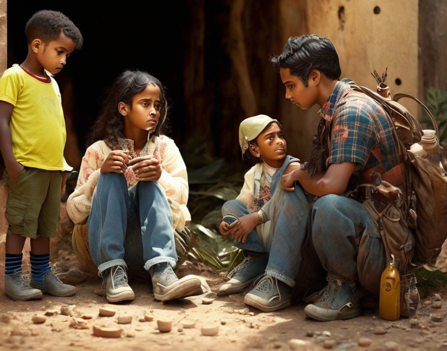 Young man and children in rustic alley scene.