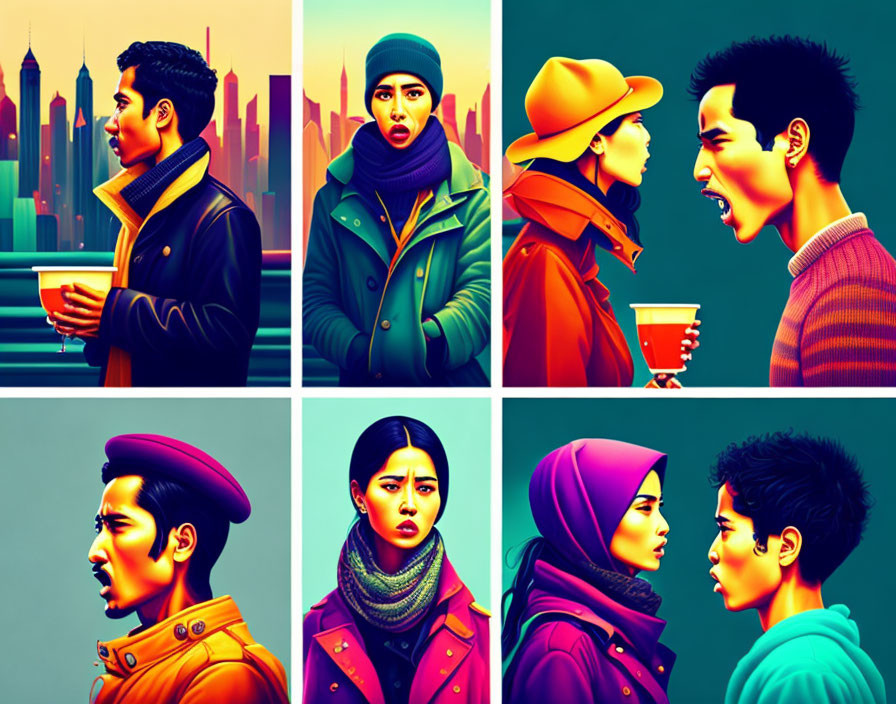 Stylized portraits of people with expressive faces in urban settings