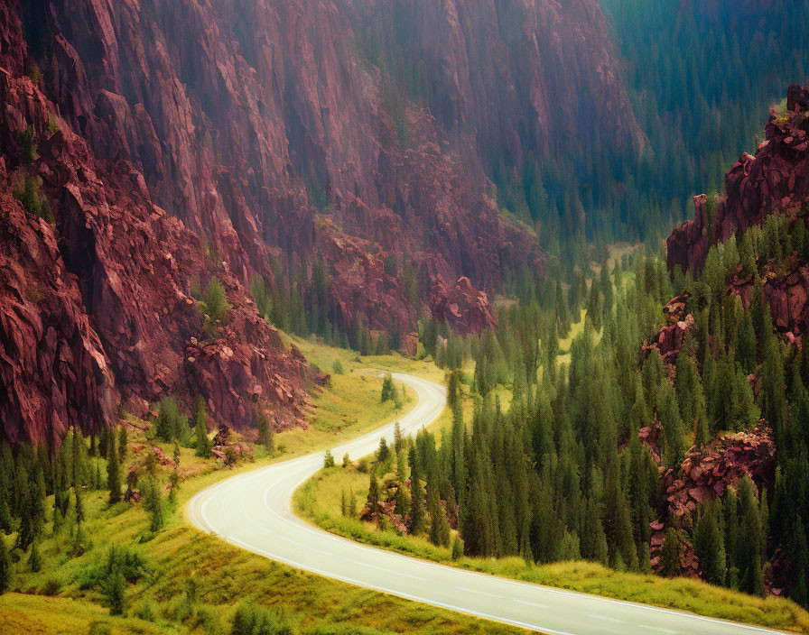 Scenic winding road through lush valley with red cliffs