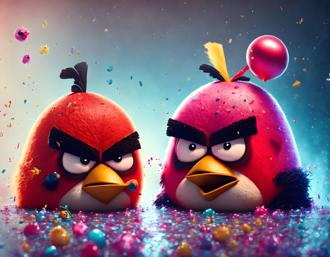 Colorful Animated Birds in Vibrant Setting with Confetti and Red Balloon