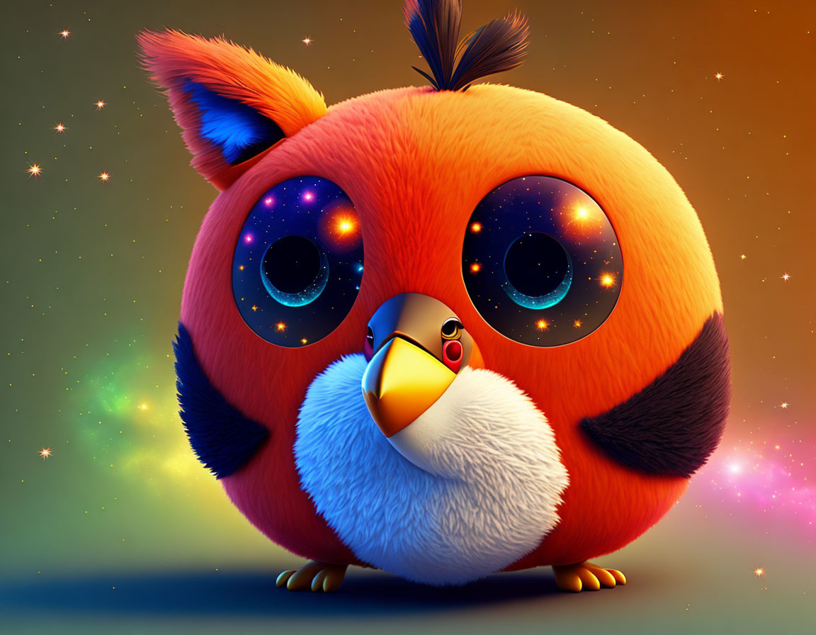 Colorful animated owl with star-filled eyes on cosmic background