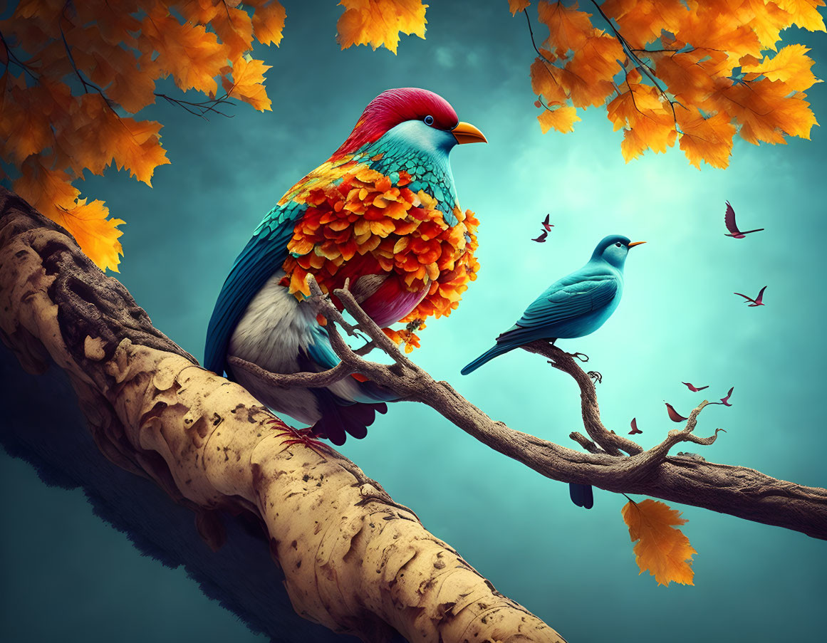 Colorful surreal bird perched on branch with smaller bird in autumn setting