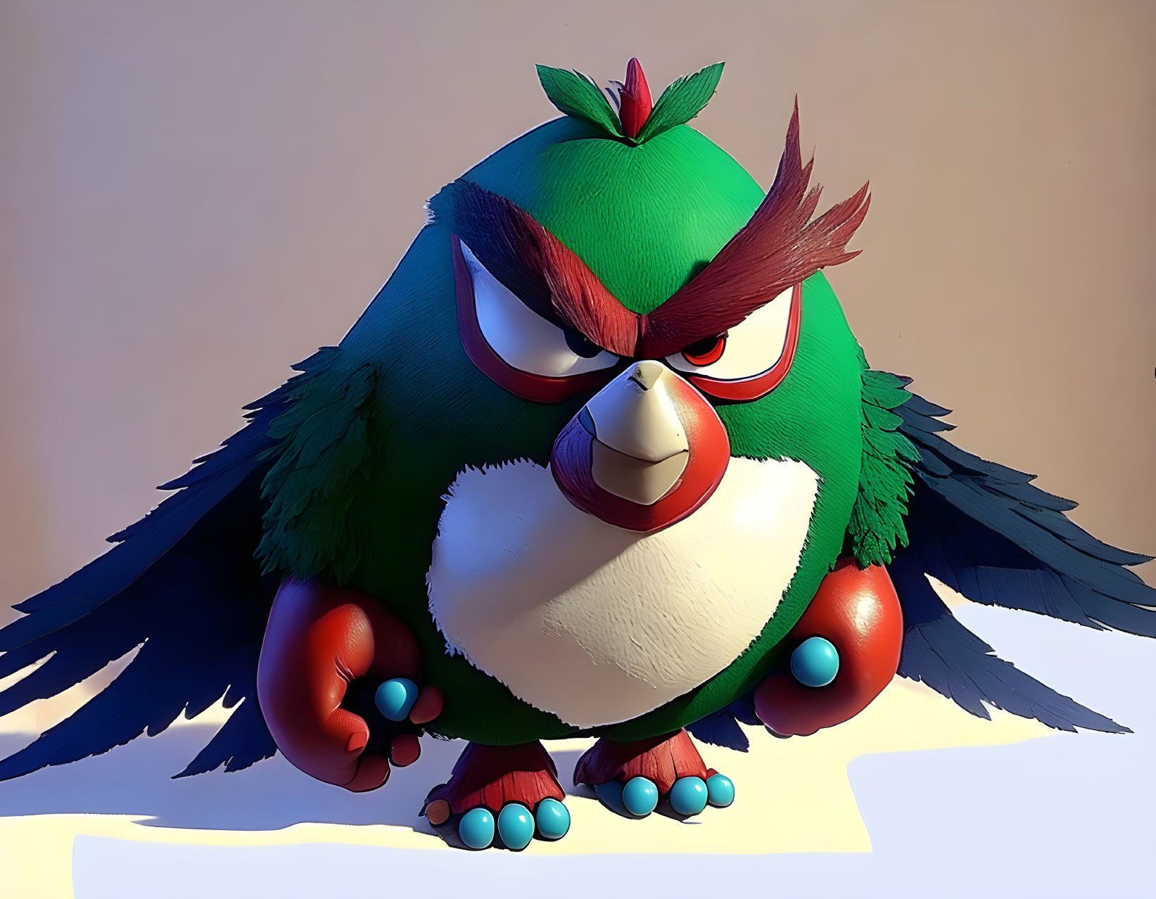 Colorful Angry Bird with Green Body and Red Eyebrows