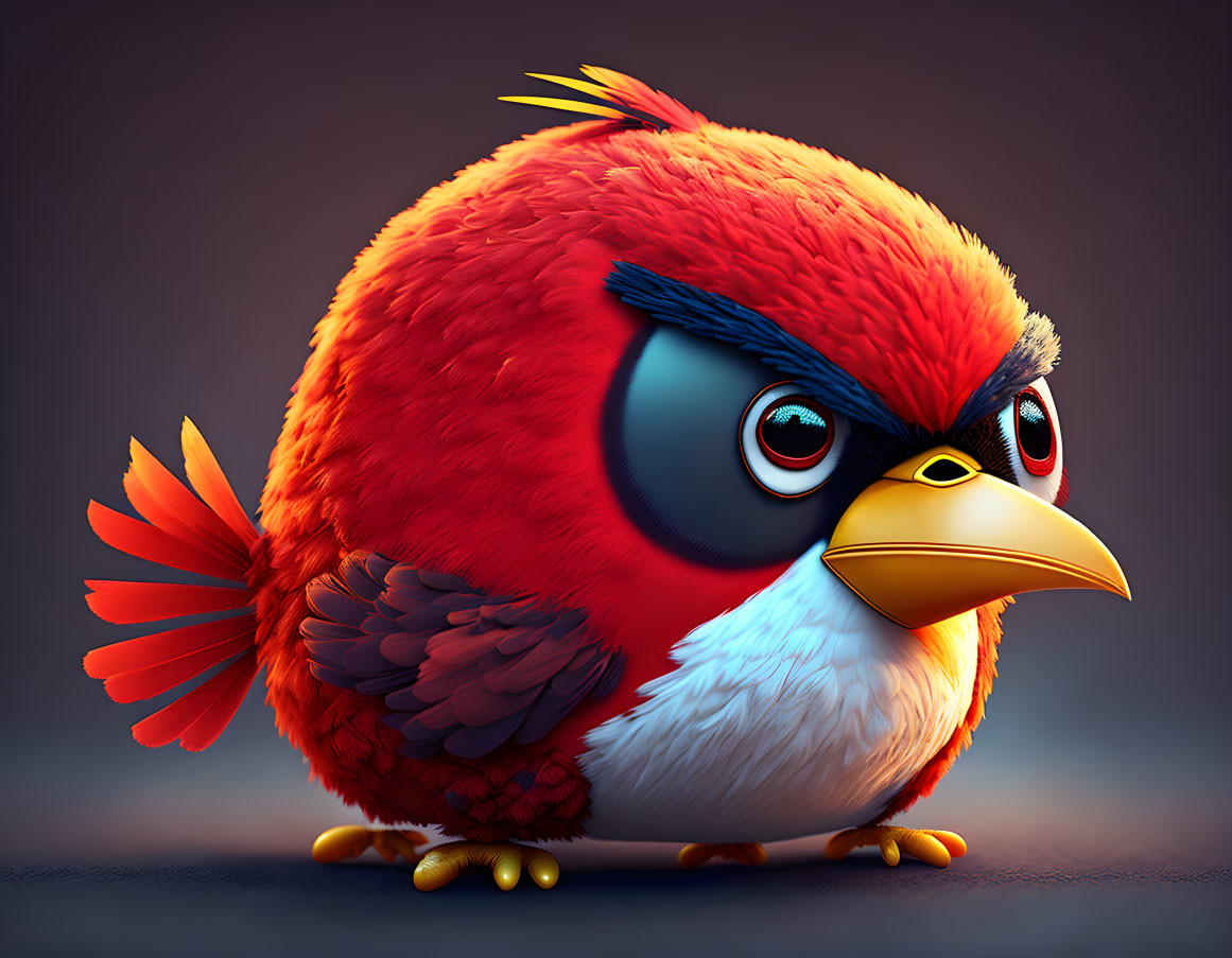 Vibrant Illustration of Red Bird with Oversized Head and Fluffy Feathers