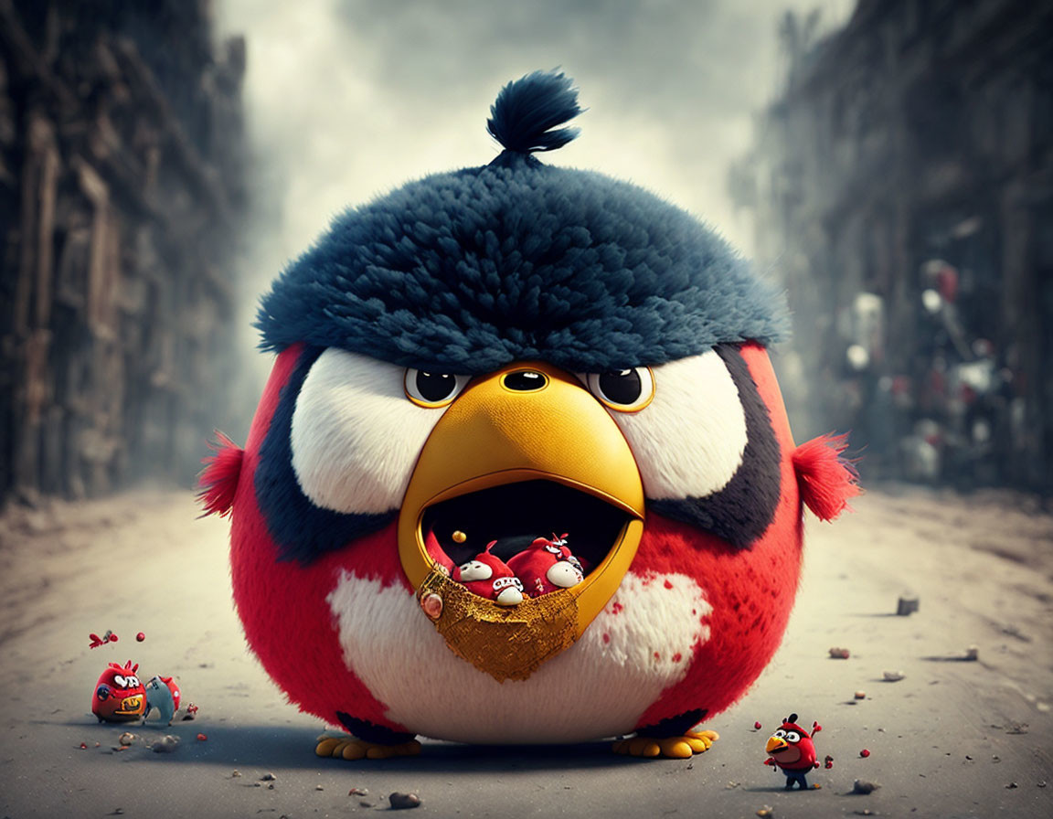 Cartoonish red angry bird with yellow beak in deserted street surrounded by smaller birds