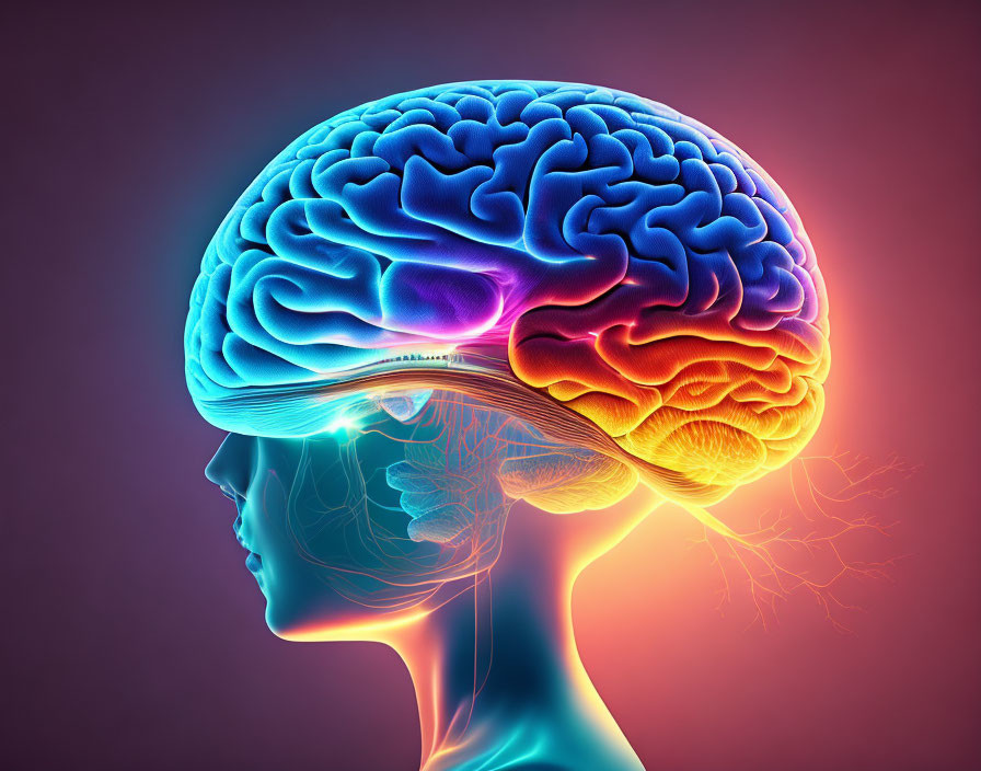 Colorful Human Head Illustration with Transparent Skull and Glowing Brain on Pink-Purple Background