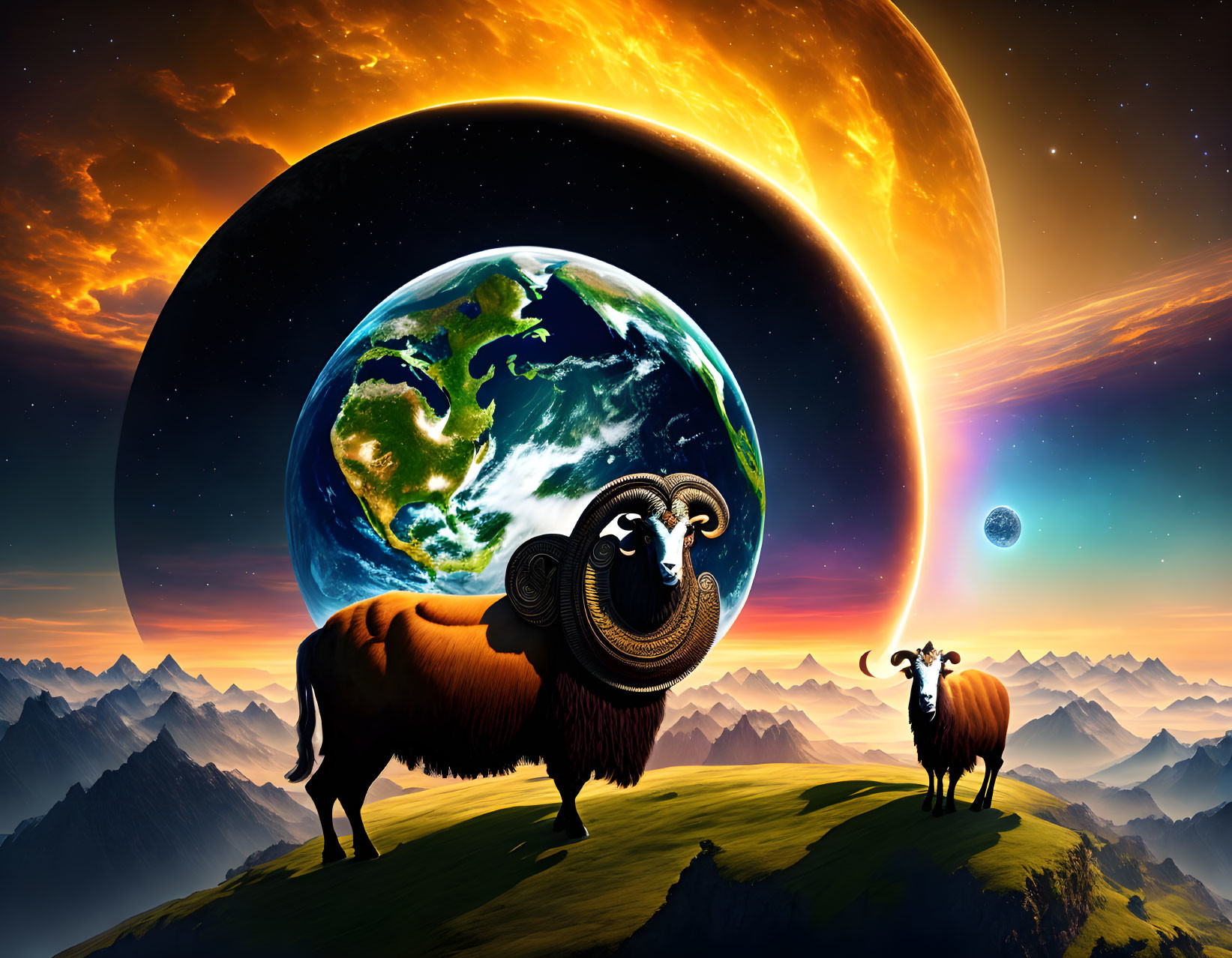 Digital Artwork: Two Rams on Grass Hill with Oversized Planets in Vibrant Sky