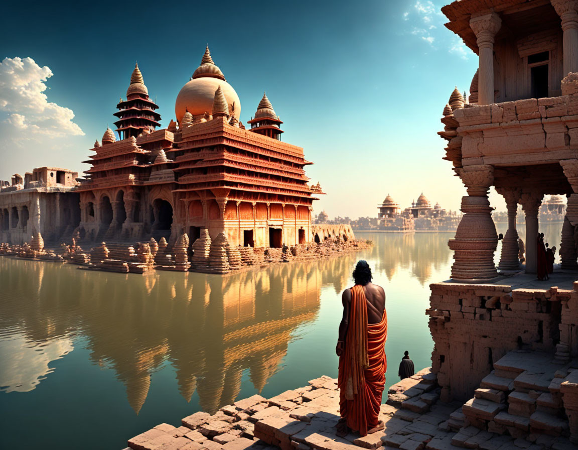 Person in Orange Robes Contemplates Temple by Serene Lake