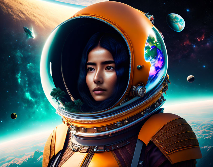 Futuristic orange space suit with Earth reflection on visor in cosmic setting