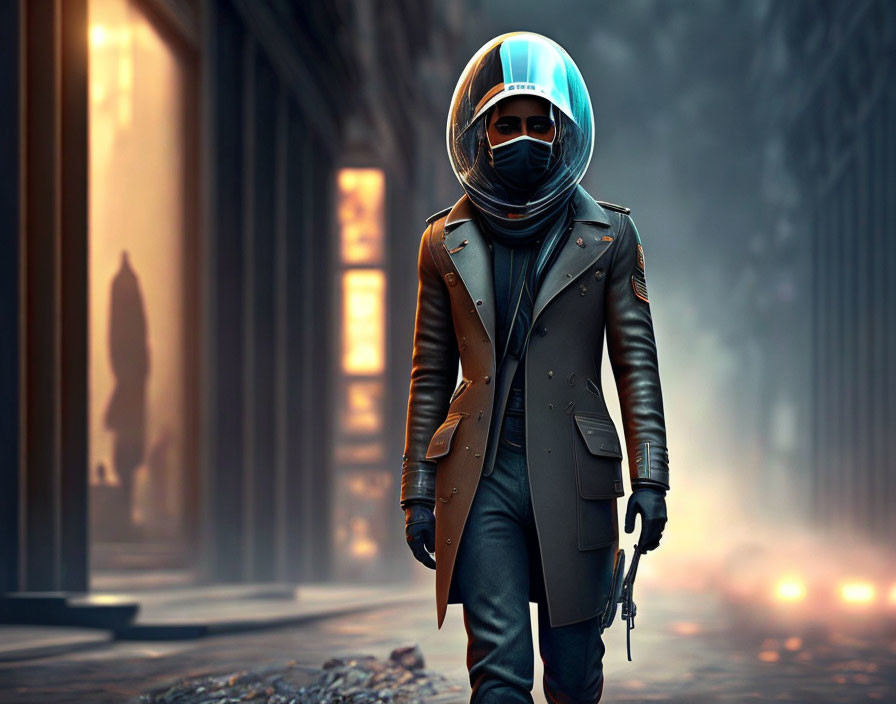 Futuristic astronaut in helmet walks on misty street with gun