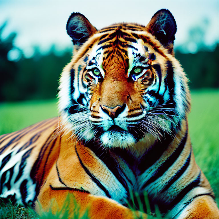 Majestic tiger with orange and black stripes in green grass