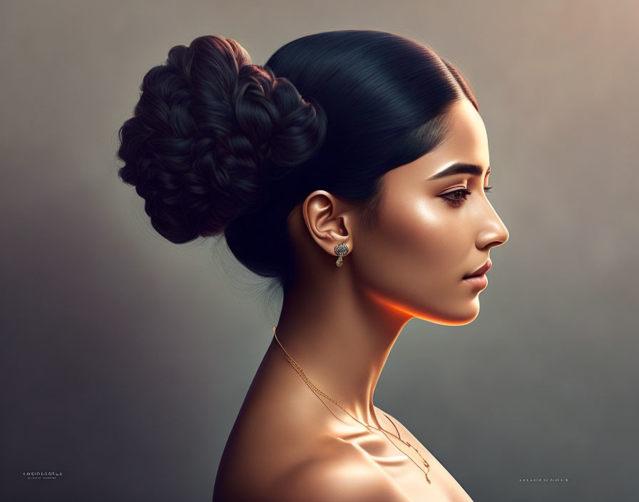 Detailed Portrait of Woman with Elaborate Bun Hairstyle