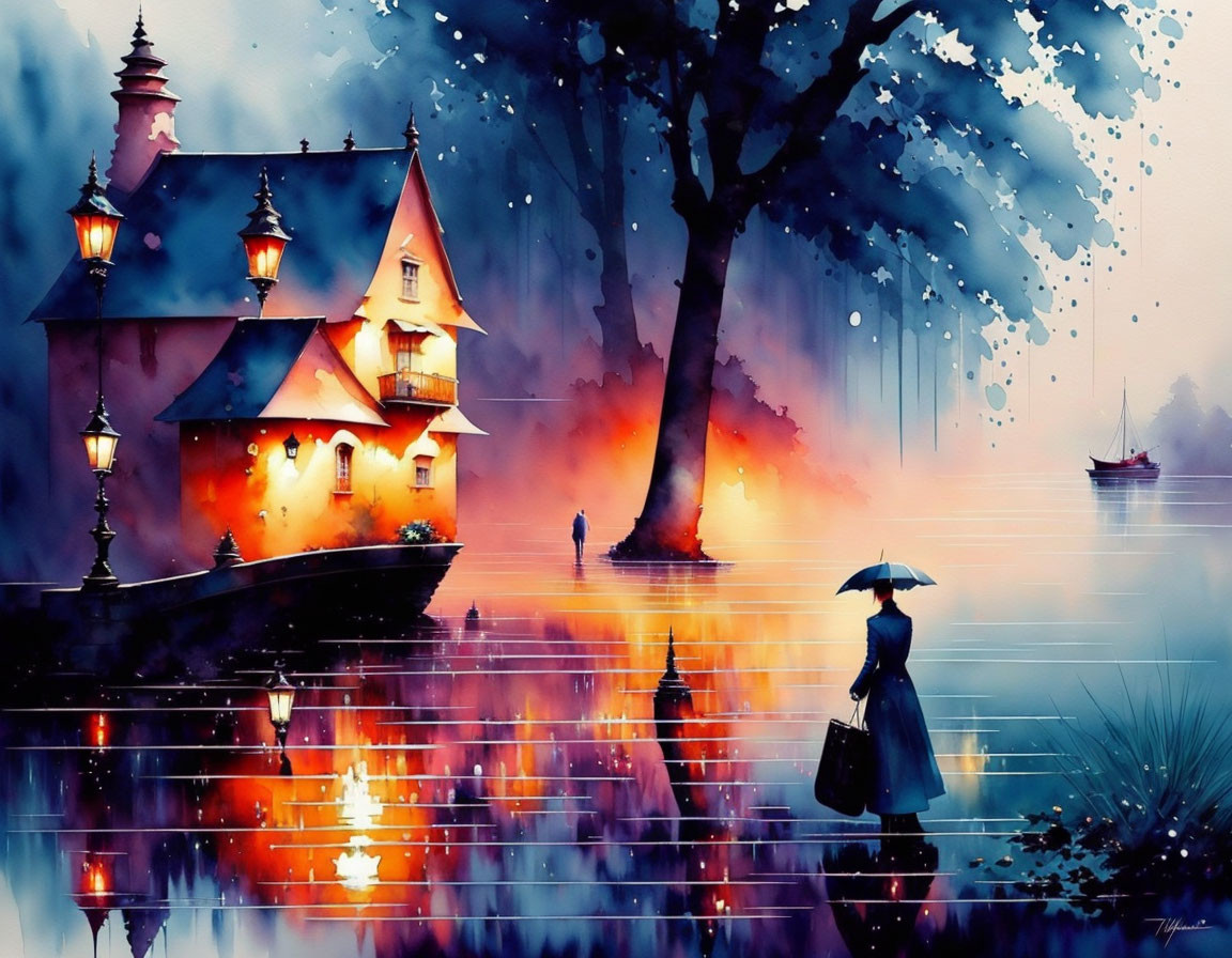 Vibrant digital artwork of person with umbrella near water, house, trees, and boat.