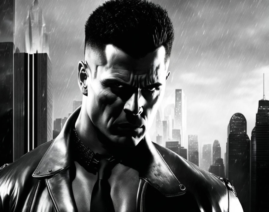 Monochrome image of stern man in leather jacket against city backdrop