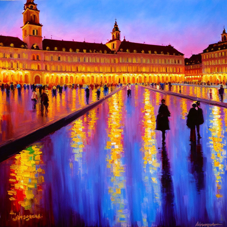 Colorful painting of bustling square at dusk with reflections and silhouettes