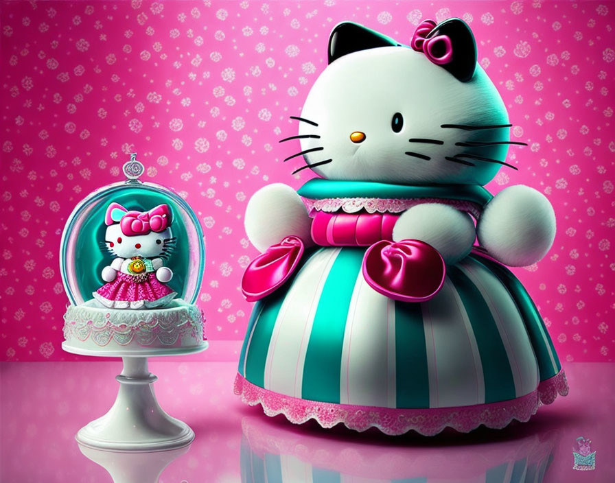 Teal and Pink Hello Kitty Figurine Beside Mirror on Pink Background