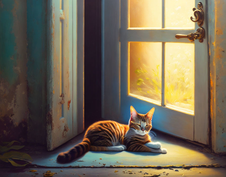 Cat enjoying sunlight by open door in vibrant setting.