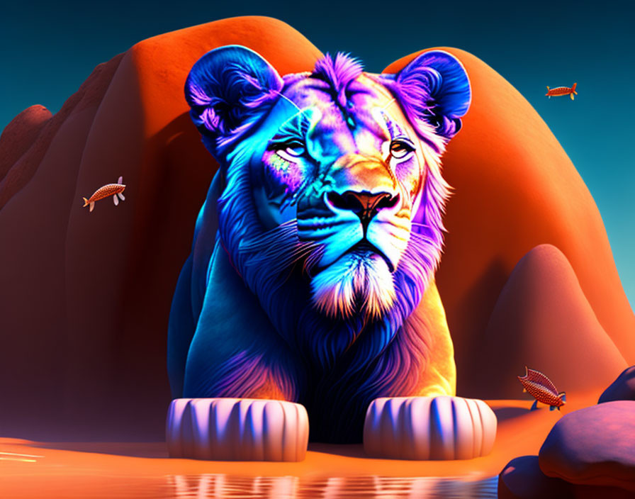 Colorful digital artwork: Neon lion head on savanna with flying fish