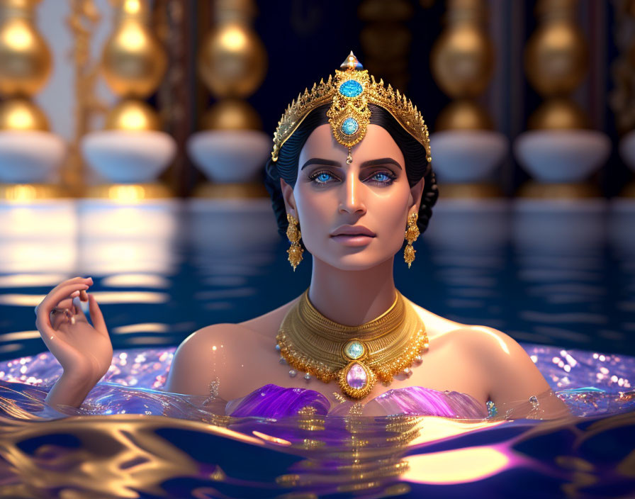 Regal woman adorned with jewelry submerged in water with golden columns background