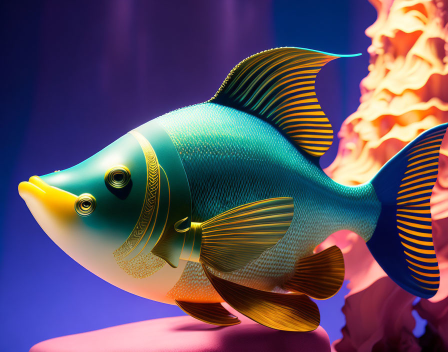 Vibrant fish sculpture with teal and gold scales on gradient backdrop