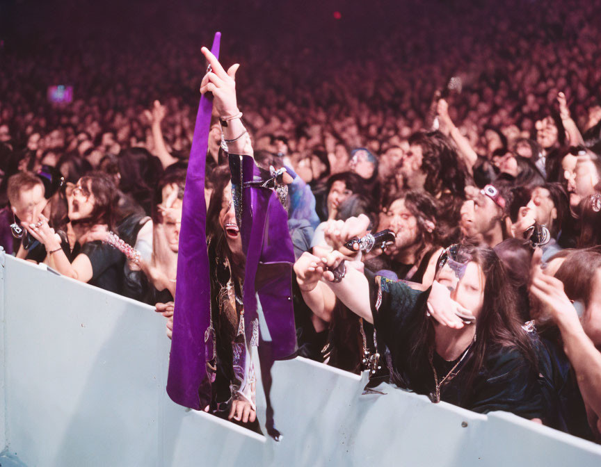 Vibrant concert crowd in rock attire cheering and raising hands