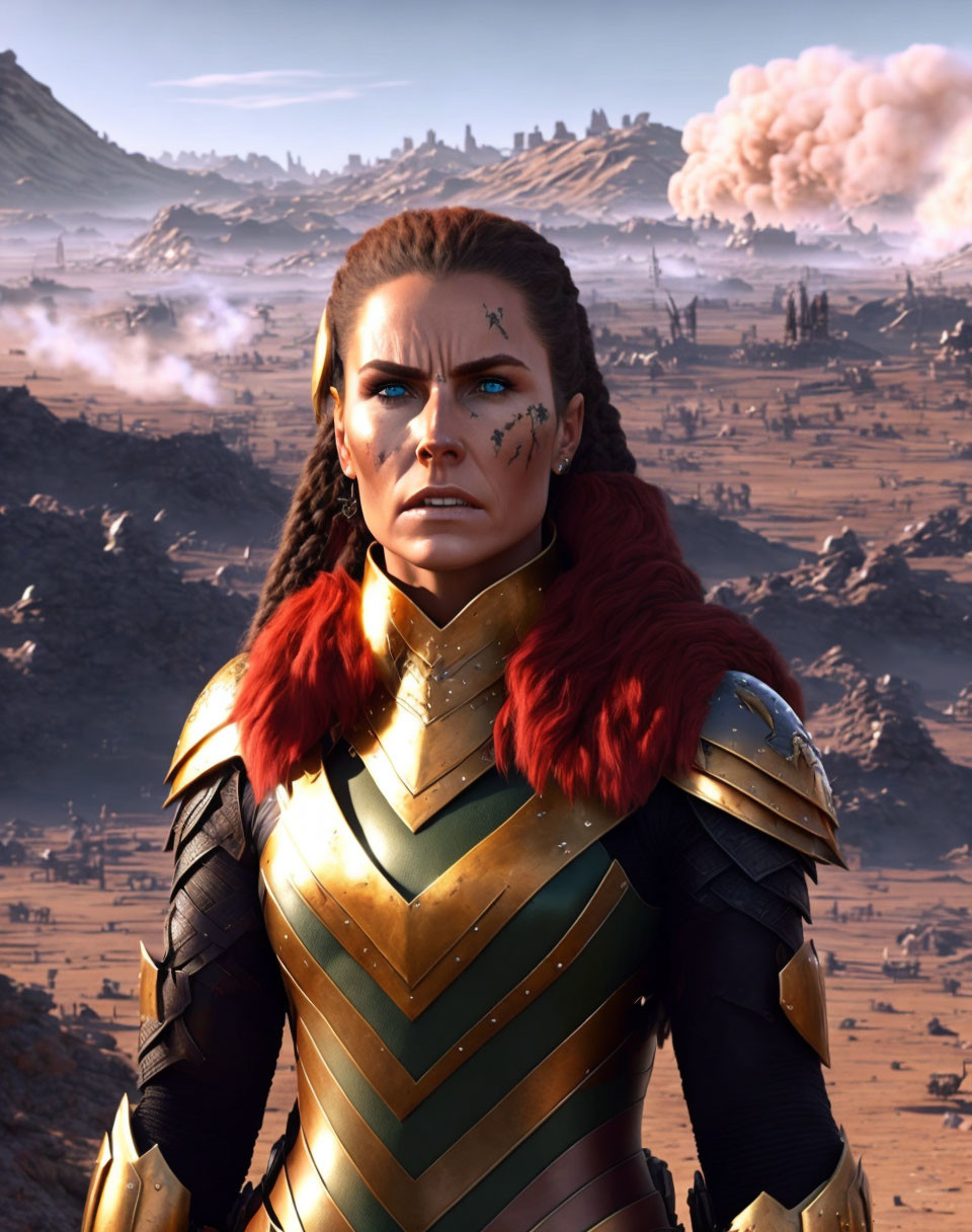 Red-Haired Female Warrior in Gold Armor on Desolate Battlefield