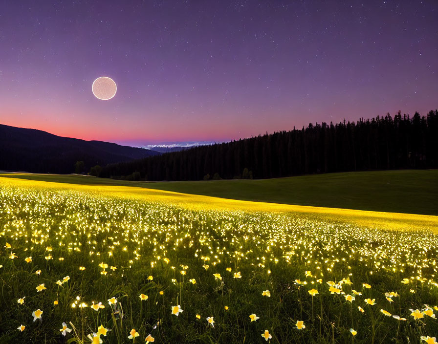 Starry night landscape with glowing flowers and crescent moon