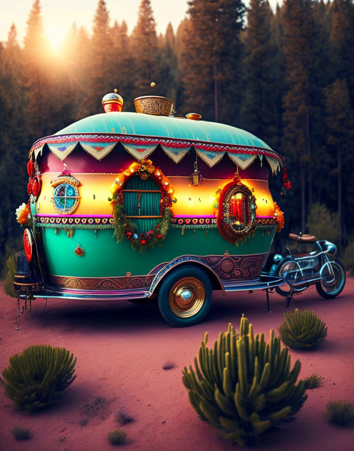 Colorful caravan with motorcycle parked in desert at sunset