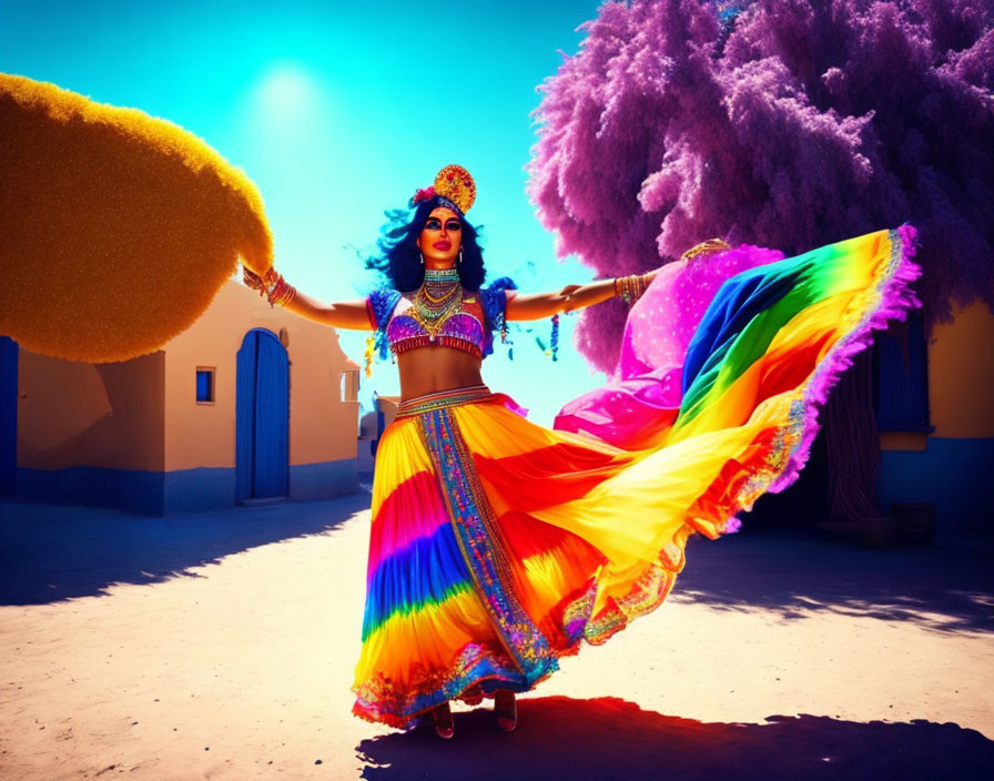 Colorful performer twirls in vibrant costume on sunlit street