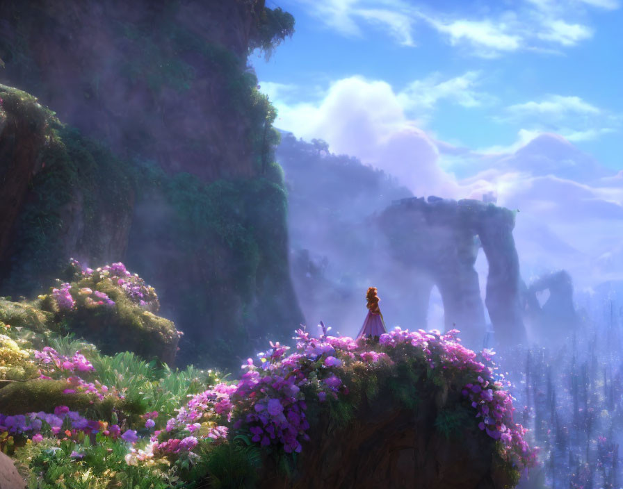 Character on Cliff with Purple Flowers Overlooking Mystical Valley