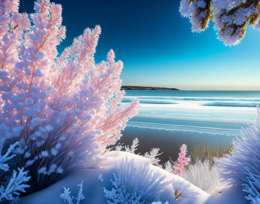 Frozen Landscape with Frost-Covered Flora and Icy Blue Lake at Sunset