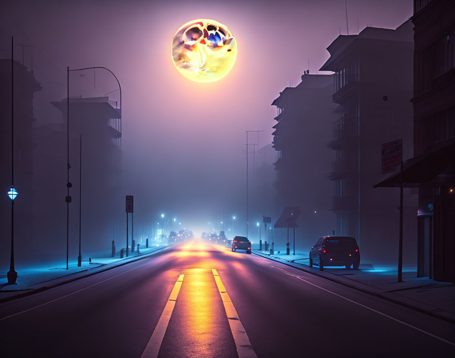 Foggy urban street at dusk with surreal moon, streetlamps, and parked cars