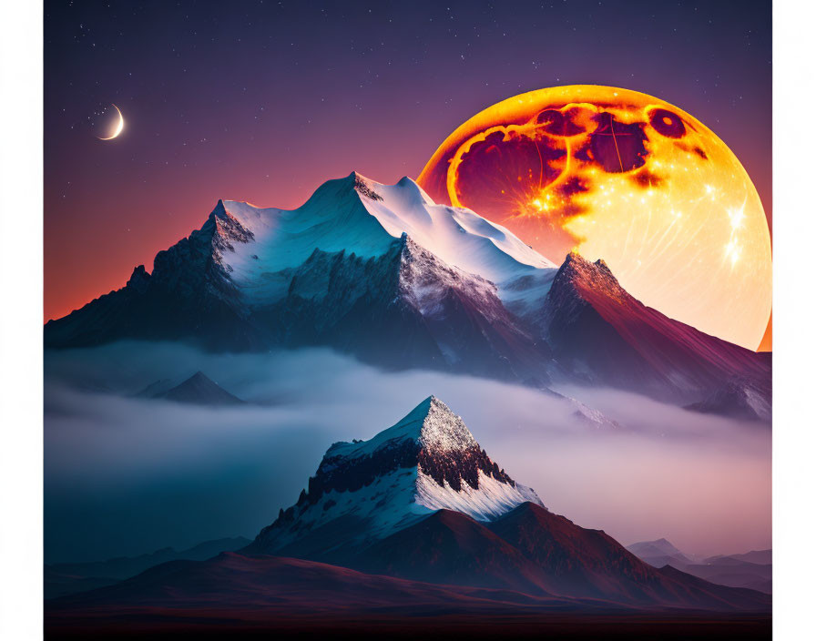 Snowy mountains under starry sky with large moon and fiery planet in surreal landscape