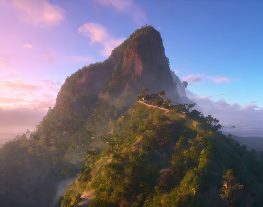 Mystical mountain peak at sunrise with village and lush greenery