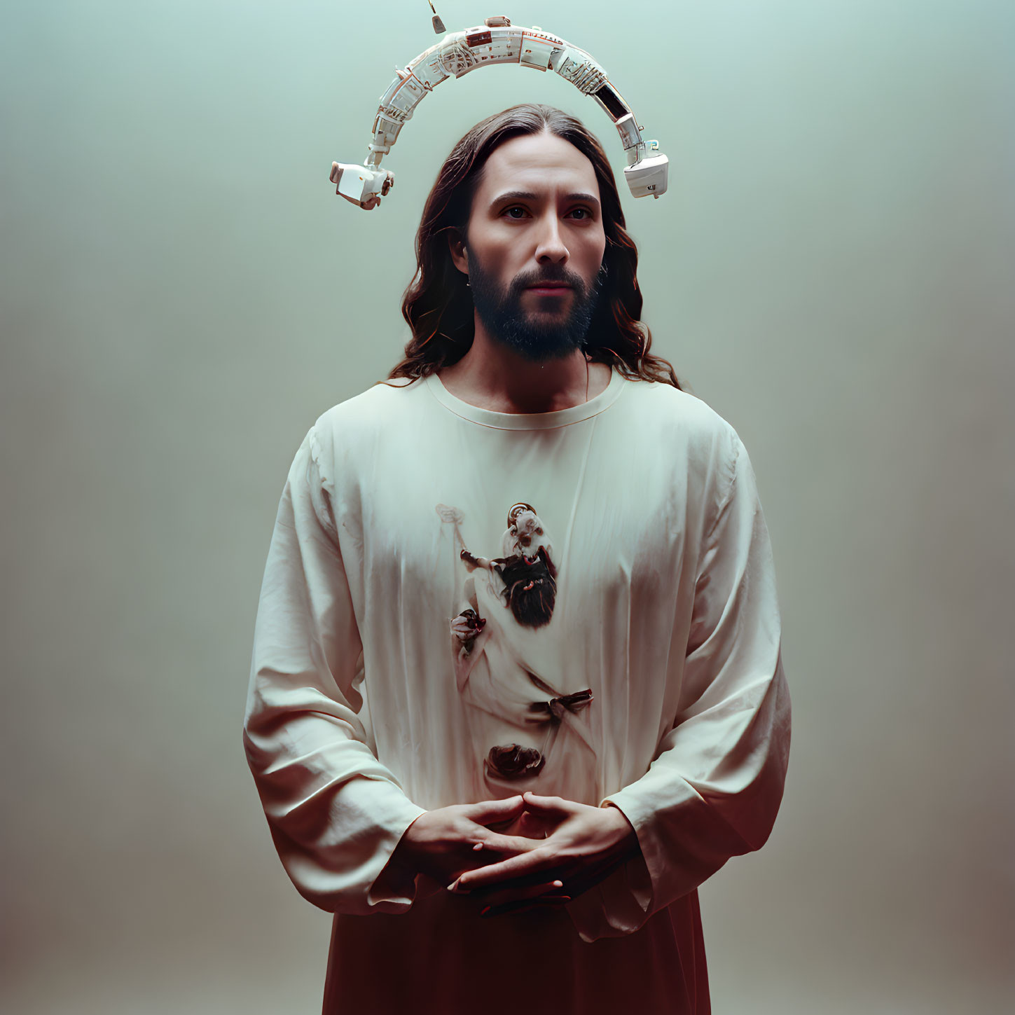 Robed man symbolizes Jesus with modern tech halo