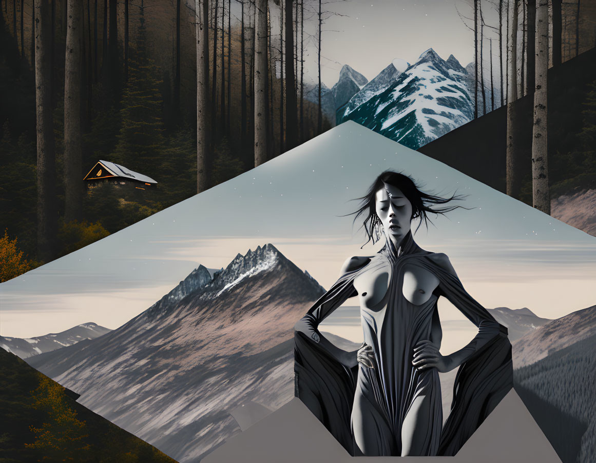 Surreal monochrome landscape with geometric mountain overlay and dual perspectives