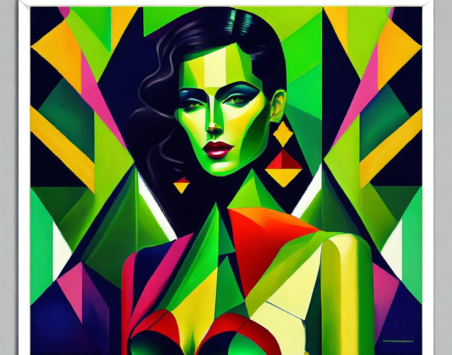 Colorful geometric portrait of a woman with green hues and sharp angles